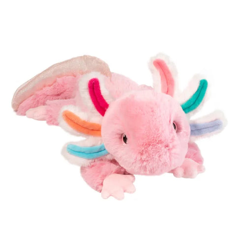 A pink stuffed axolotl. Its gills are rainbow-colored, and its eyes are pink.