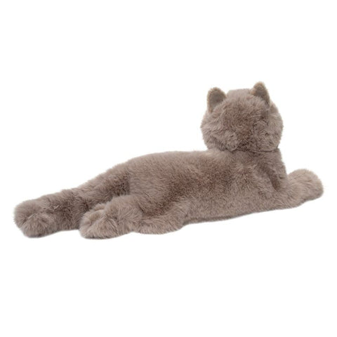 Image shows a back view of the stuffed grey cat