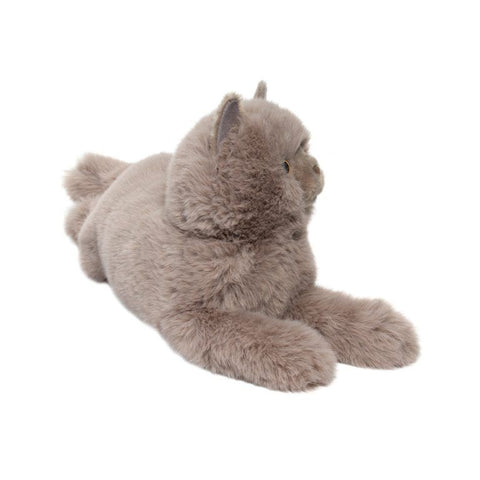 Image shows a side angle view of the stuffed grey cat