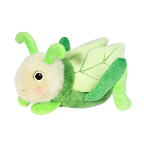 Plush toy grasshopper with green body and antennae on a white background