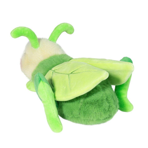 Back view of a plush grasshopper toy on a white background