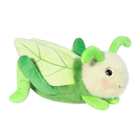 Side view of a plush grasshopper toy on a white background