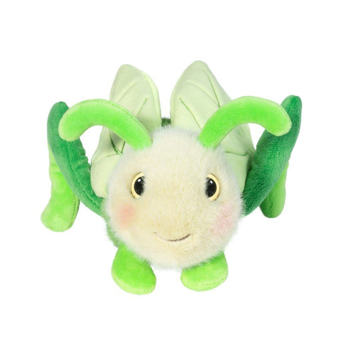 Front view of a plush grasshopper toy on a white background