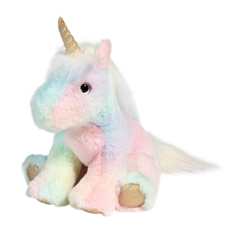 A pastel rainbow-colored plush unicorn with a gold horn and hooves