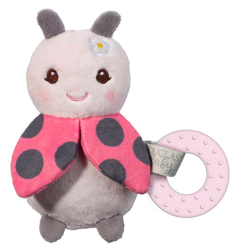 A stuffed ladybug rattle. It has a silicone teething ring hanging from it.