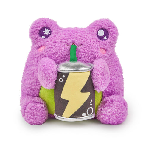 Purple plush frog holding a can with a lightning bolt on it and a green straw