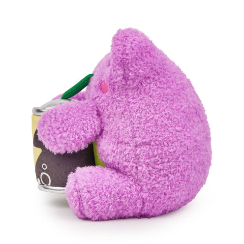 Side view of a purple plush frog holding an energy drink