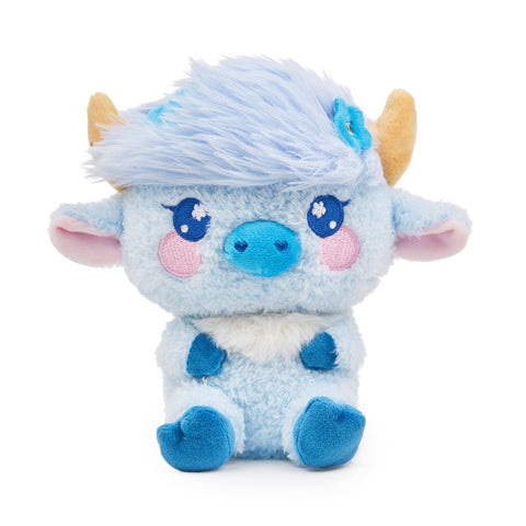 A plush blue highland cow on a white background