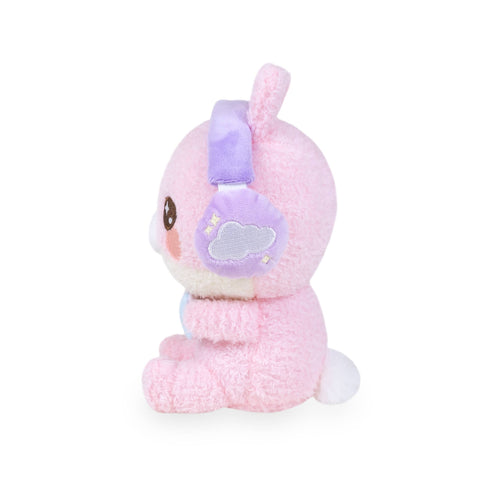 Side view of the plush pink gamer bunny. The headphones have a cloud and stars on the side.
