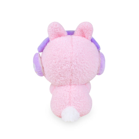 Back view of a plush gamer bunny wearing purple headphones