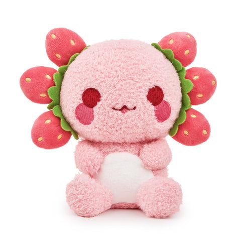 Pink plush Axolotl with strawberries for gills on a white background