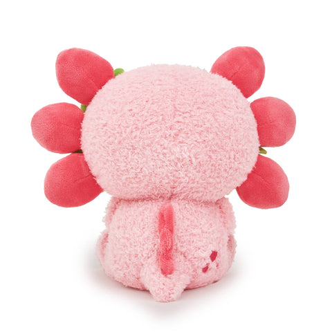 Back view of a pink plush axolotl with strawberries for gills