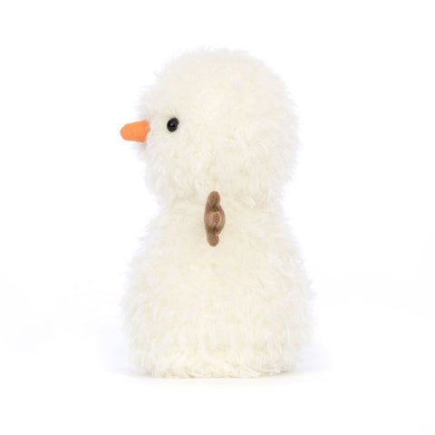 Side view of a fluffy plush snowman toy on a white background