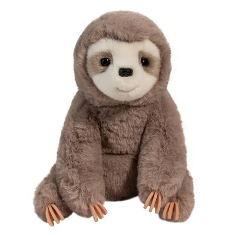 Image shows a stuffed sloth. It has black eyes and is sitting down.
