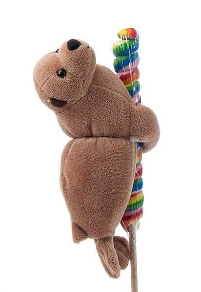 Image shows a stuffed sea lion hugging a rainbow lollipop