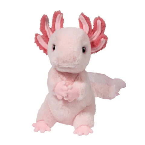 Image shows a pink stuffed axolotl. It is sitting down.