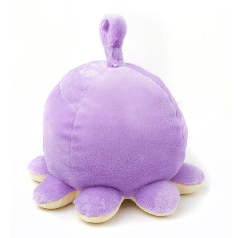 Back view of a purple plush octopus on a white background