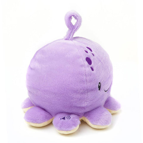 Side view of a purple plush octopus on a white background