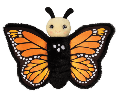Image shows a stuffed monarch butterfly. It is also a finger puppet.