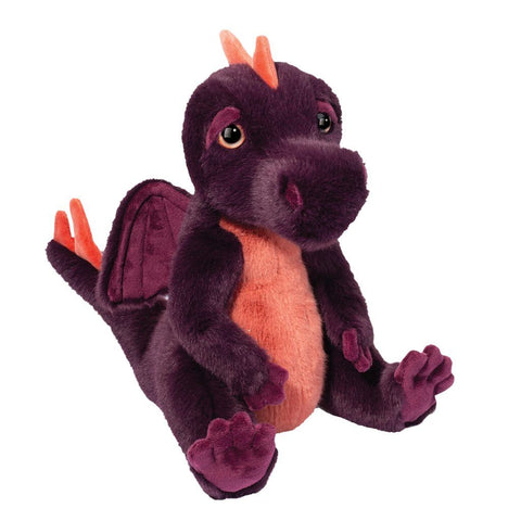 A plush purple and orange dragon on a white background