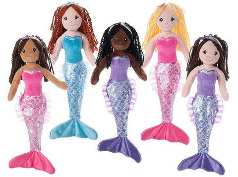 Image shows stuffed mermaids of assorted colors