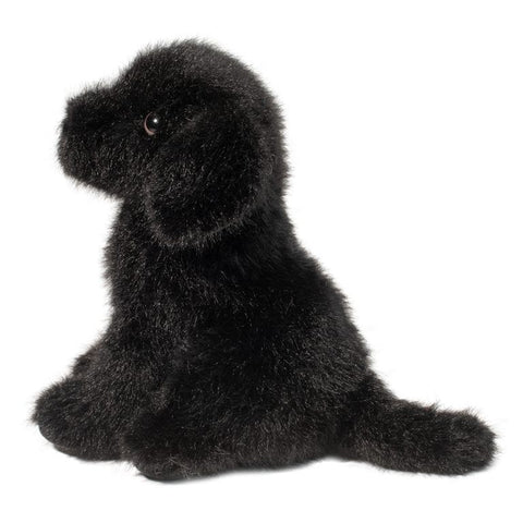 A side view of the plush Black Lab on a white background