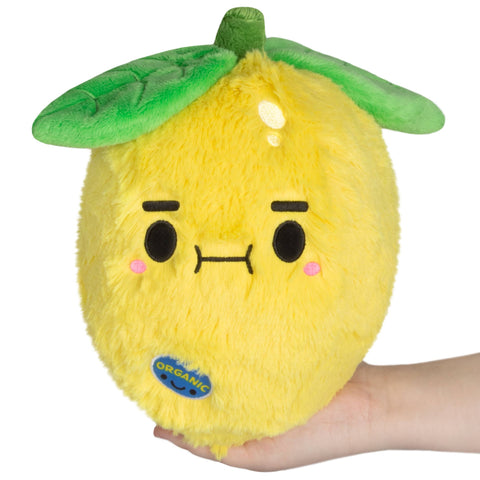 Plush lemon toy with a face held in a hand on a white background