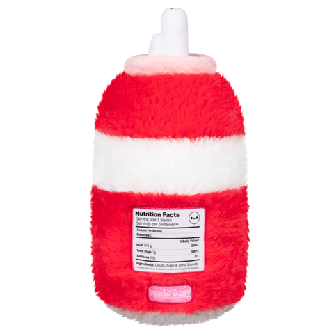 Back view of the plush whipped cream can, with a nutrition facts label