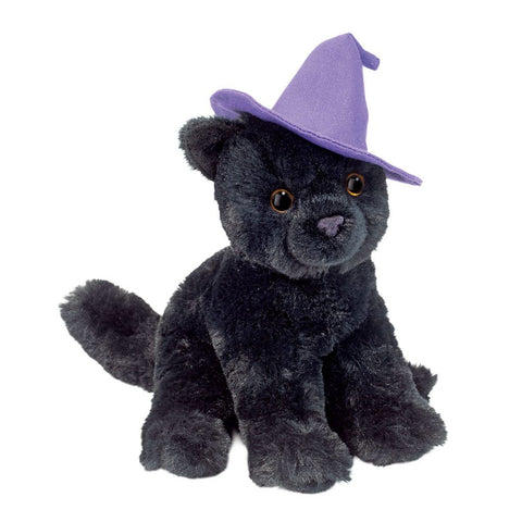 Plush black cat toy wearing a purple witch hat on a white background