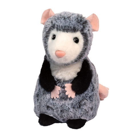 A front view of the plush opossum. She has black arms and feet.