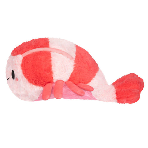 Side view of the plush pink and orange shrimp