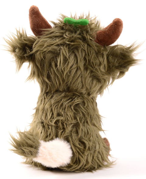 Back view of the mossy green highland cow
