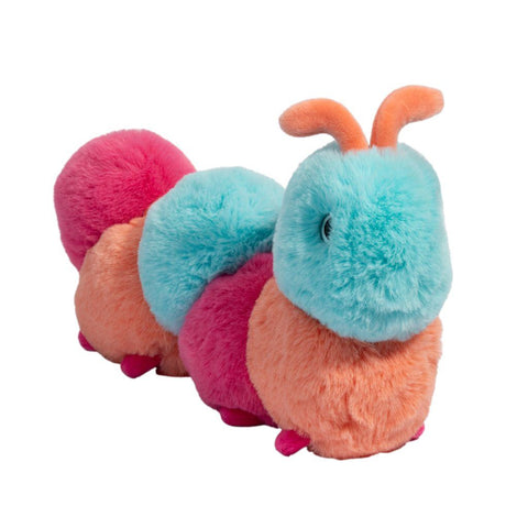 Front view of the plush caterpillar. It has blue eyes.