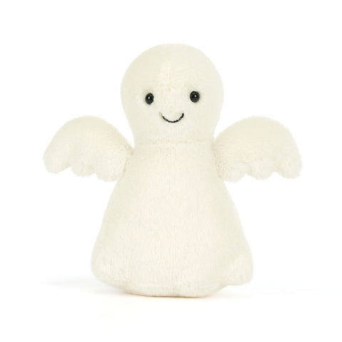White plush ghost toy with a smiling face on a white background