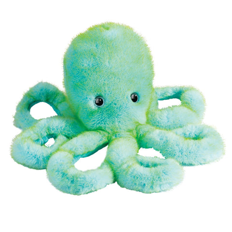 A plush blue and green tie dye octopus with blue eyes on a white background