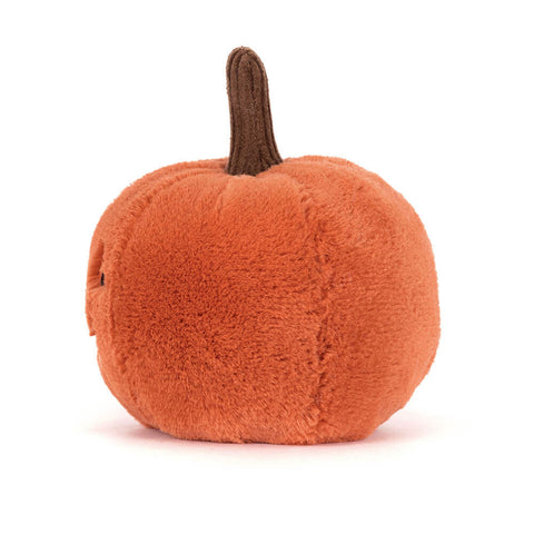 Side view of a Plush pumpkin toy with a brown stem on a white background