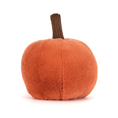 Back view of a plush pumpkin toy with a brown stem on a white background