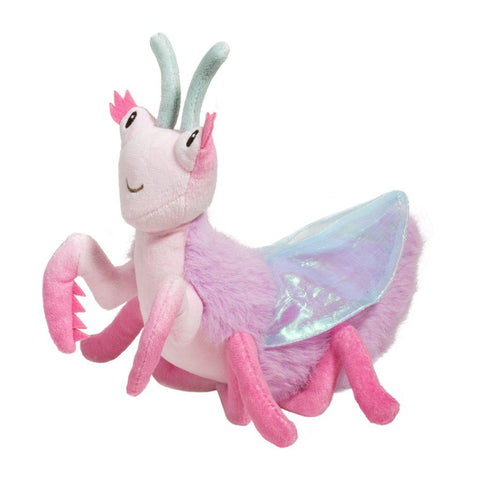 Side view of a pink bug with antenna and holographic wings on a white background 