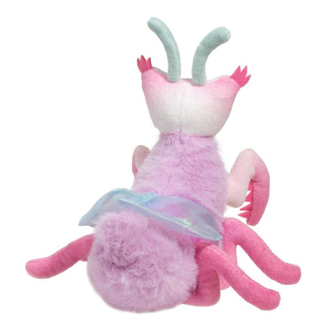 Back view of a pink bug with antennae, a purple body, and sparkly wings on a white background
