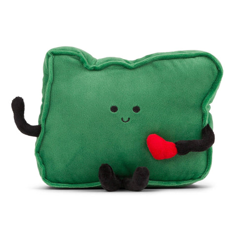 Image shows a green stuffed Oregon state. It has hands and feet and is holding a red heart.