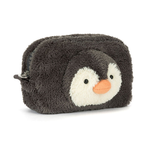 Image shows a black fuzzy zipper pouch with the 3D face of a penguin on the front.
