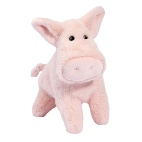 Image shows a pink stuffed pig. It has a large, round muzzle.