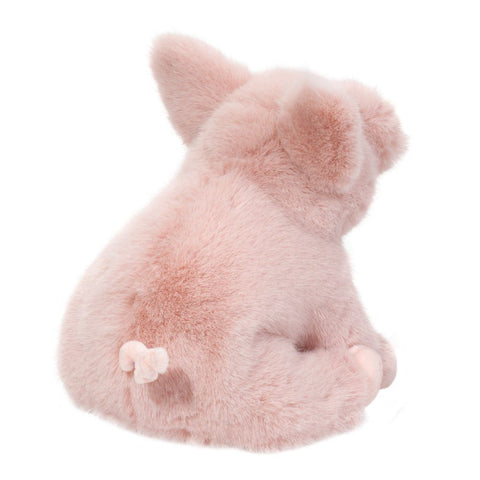 Back view of a plush pink pig toy on a white background