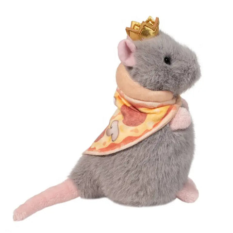 A side view of the plush pizza rat with a crown