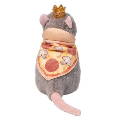 A back view of the plush rat. The pizza cape has pepperoni and mushrooms.