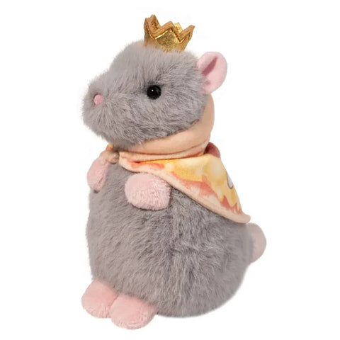 A front-angle view of the plush pizza king rat
