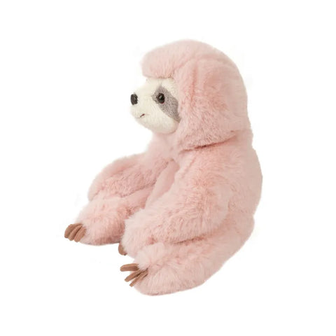 A side view of the plush pink sloth