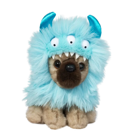 A plush pug in a blue monster suit on a white background