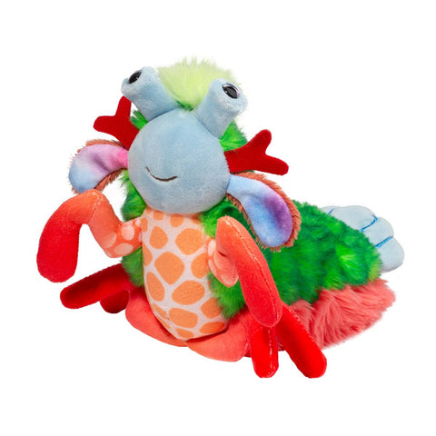A stuffed Peacock Mantis Shrimp. It is green, red, yellow, orange, blue.