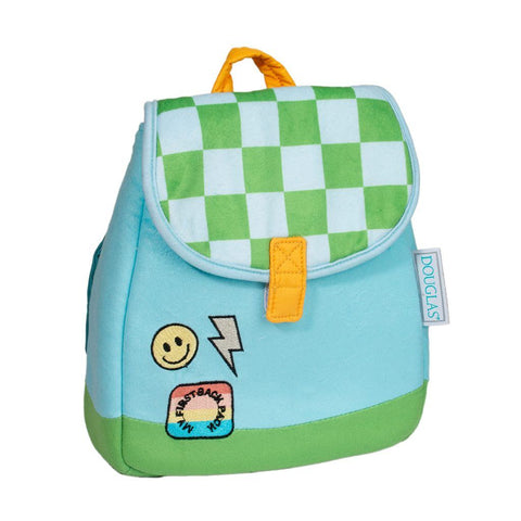 Image shows a plush blue and green backpack. The lid is green and white checkered while the bag is light blue.